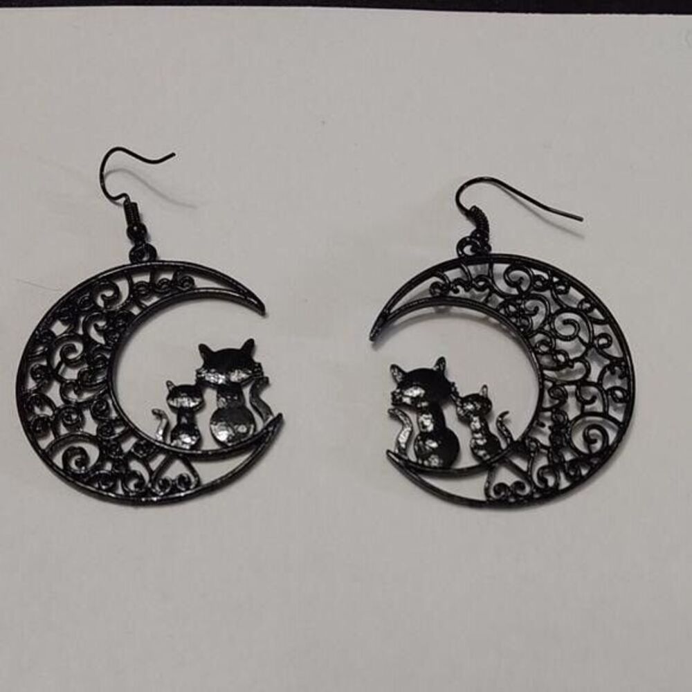 Black kitties on the moon earrings cat crescent moon